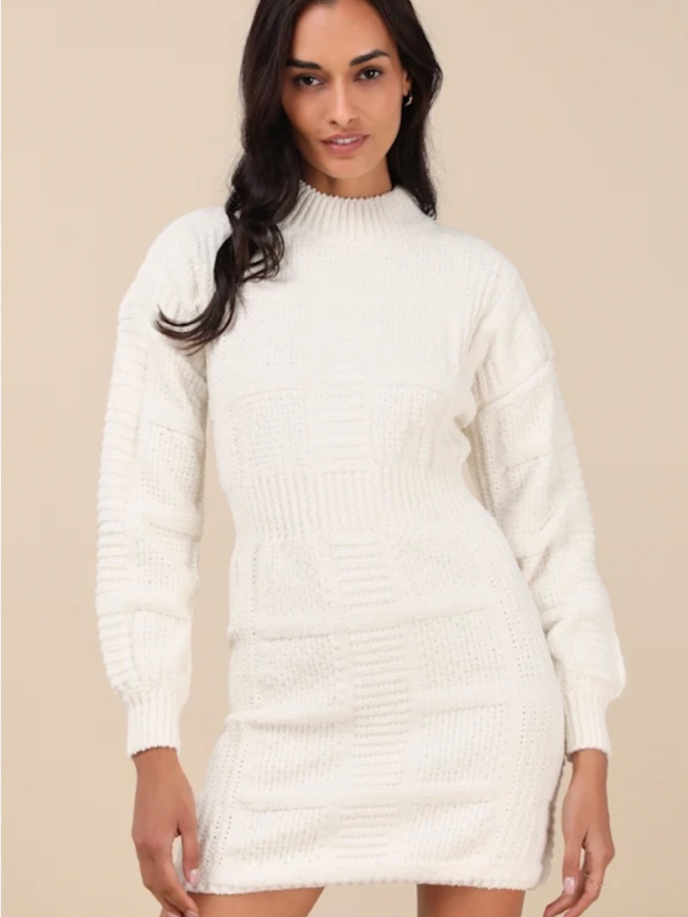 Patchwork It Cream Cable Knit Cutout Sweater Dress